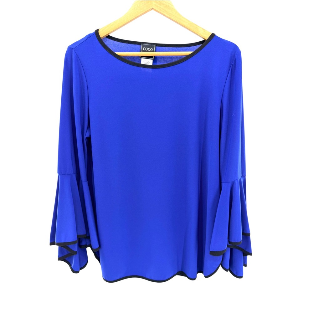 Coco Bianco Royal Blue Tiered Bell Sleeve Top Large Black Trim Ruffle Blouse NWT